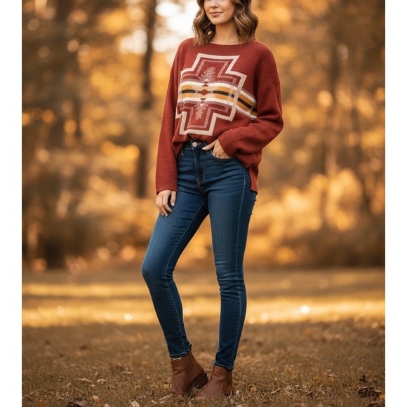 Pendleton Sweaters - Pendleton Women's XL Sweater Red Lambswool Blend Southwest Aztec Geometric Print